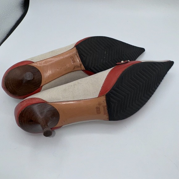 Gucci Womens Pumps US 8.5 B Gray Red Canvas Horsebit Pointed Toe Kitten Heel - Picture 9 of 13